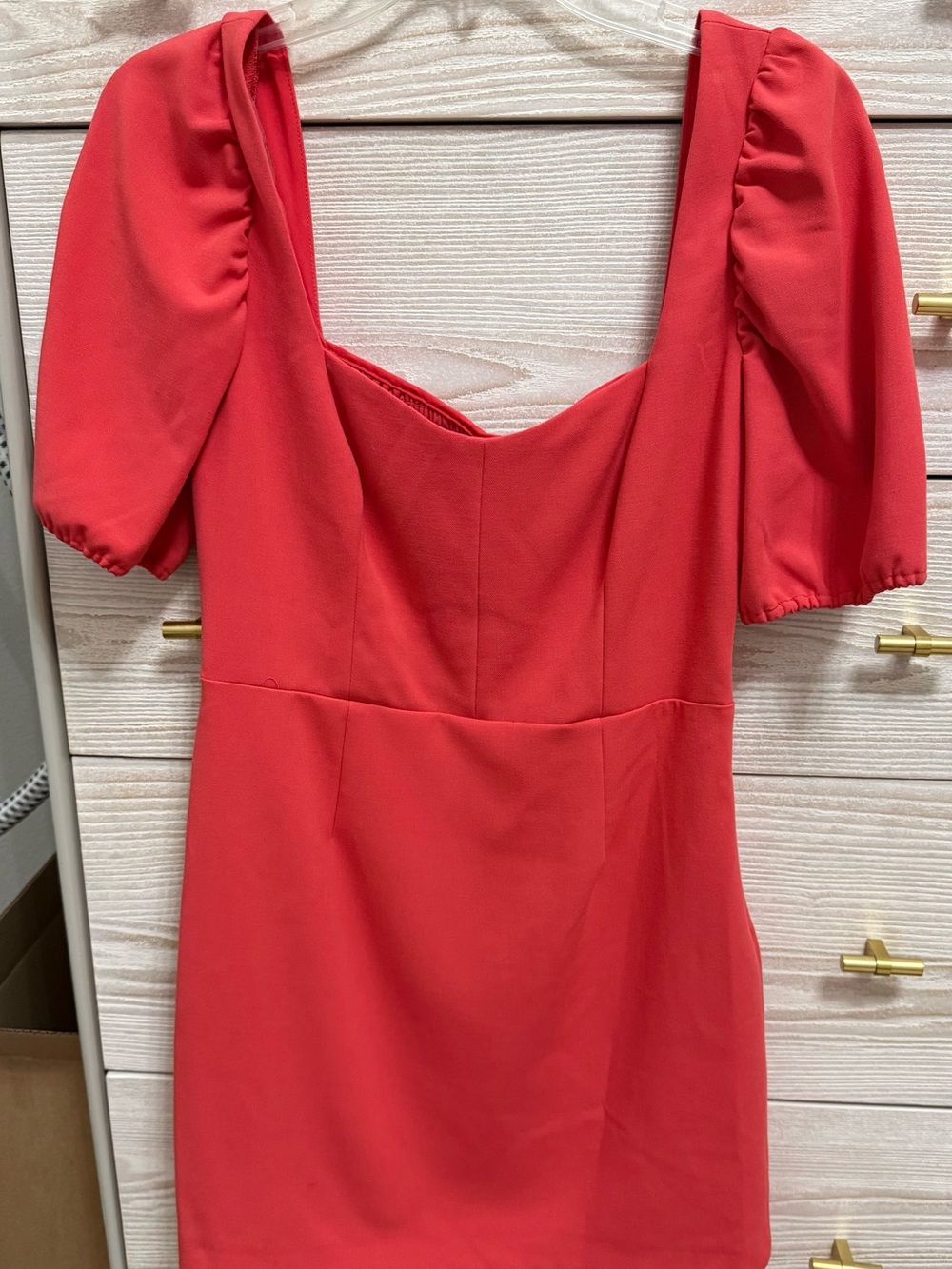 French Connection Coral-Red Puff Sleeve Square Neck Mini Dress
